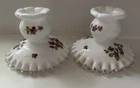 Fenton Milk Glass Silver Crest Violets in The Snow Candlesticks Pair