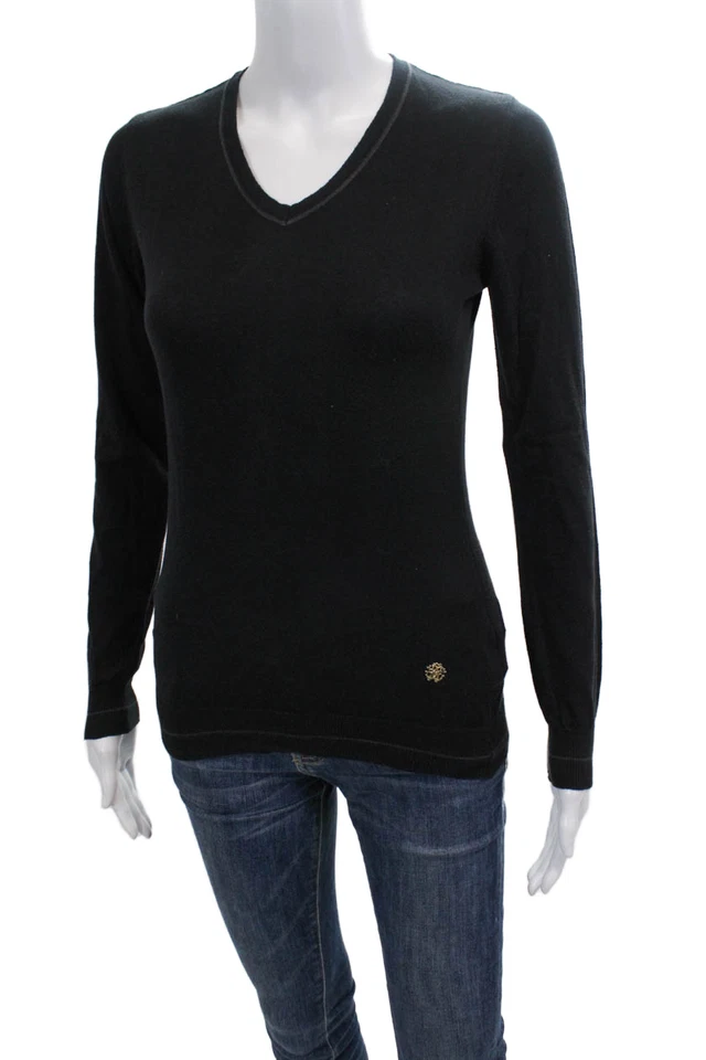 Roberto Cavalli 女式棉质针织 V 领套衫毛衣上衣黑色 M 码 — 第 2/4 张图片