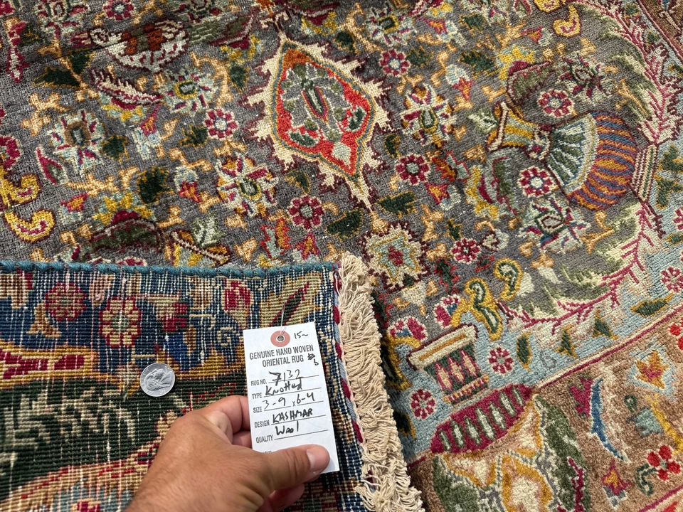 ALFOMBRA ORIENTAL ANTIGUA 4x6 hecha a mano tejida a mano vintage azul verde oro hecha a mano ft Foto 3 de 4