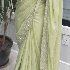 Light Green Embroidered diamond Embellished Saree with blouse