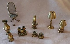 VTG Brass Dollhouse Miniatures Kitchen Dining Room Lamps Chair Etc Mixed Lot 10
