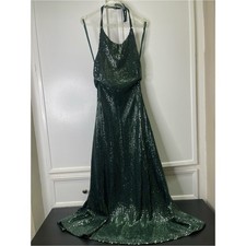 Vintage 70s Emerald Sequin Halter Gown ILGWU Union Made Disco Studio 54 XS Rare