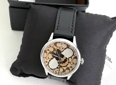 NWT Coach Signature C Bumble Bee Ruby Quartz Black Leather Strap W1546 GIFT BOX