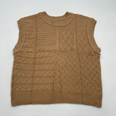 EVALESS Womens Mixed Cable Knit Patchwork Sweater Vest Camel Brown Small NWOT