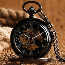 Men's Automatic Pocket Watch Black Smooth Case Skeleton Roman Dial Pendant Chain
