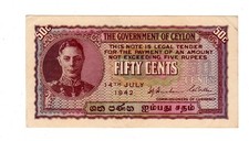 CEYLAN GOVERNMENT BRITISH OF CEYLON 50 CENT NOTE 1942 P45a KING GEORGE VI EF