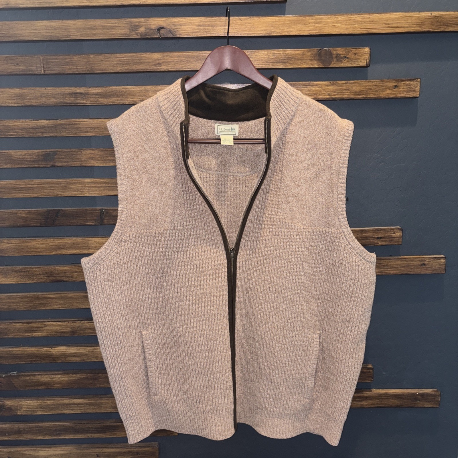 LL Bean 100% Marino Lambs Wool Full Zip Sweater Vest Jacket Brown Men’s XXL Reg