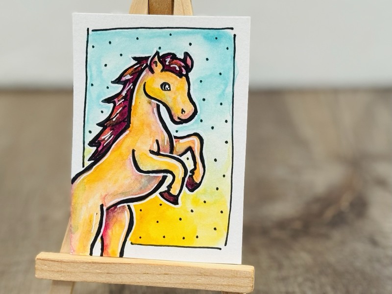 Original Watercolor Painting Rearing Horse ACEO OOAK Miniature KMstudio-online