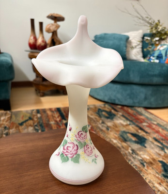 Vintage Fenton White Satin Pink Rose Jack in the Pulpit Vase Signed B Montgomery