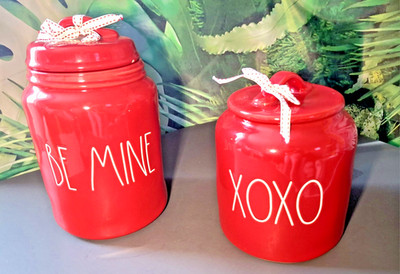 2 Rae Dunn Red BEE MINE & XO Ceramic Jar Canister & Lid Valentine s Day Magenta 