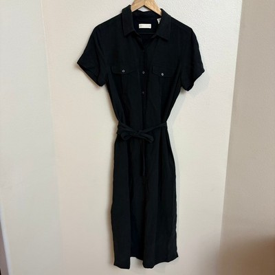 Lord & Taylor Shirt Dress 10 Black Silk Linen Midi Belted Utility Minimalist