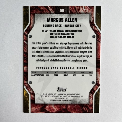 2025 Topps Resurgence - Discoteca blu e arancione #50 Marcus Allen Kansas City Chiefs - Foto 2 di 2