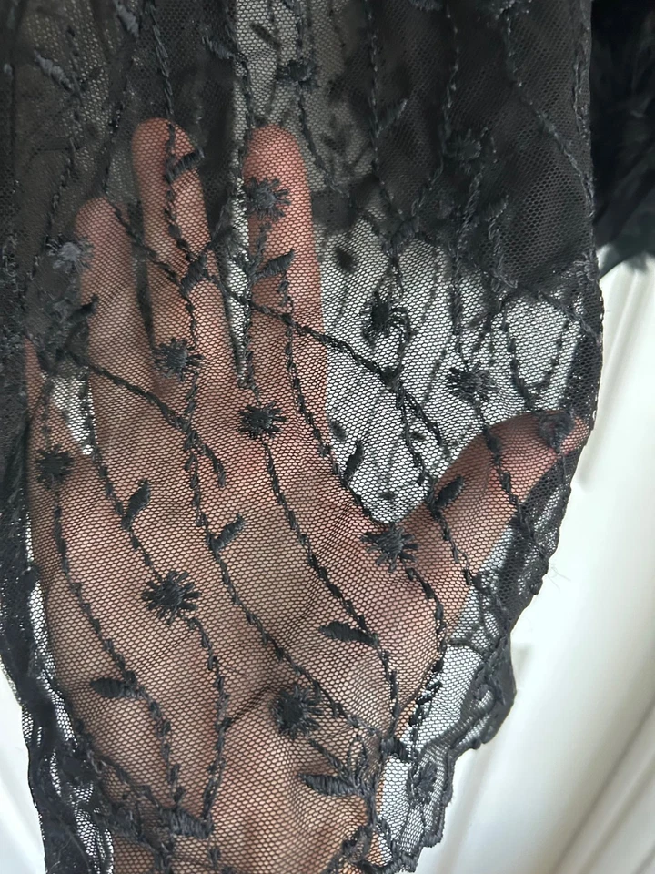 90s Y2K Black Whimsigoth Lace Feather Trim Jacket Women’s S Sheer Pinup Party - Image 3 of 4