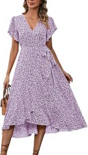 Summer Dress V Neck Midi Dresses Fashion Casual Fit Flowy Tiered Boho Sundress-M