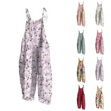 Women's Cotton Floral Jumpsuit Halter Tie Casual  Split Leg Sleeveless Rompers