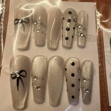 "Silver Charm" Press-On Nail Set – Rhinestones, Bows & Glitter Accents