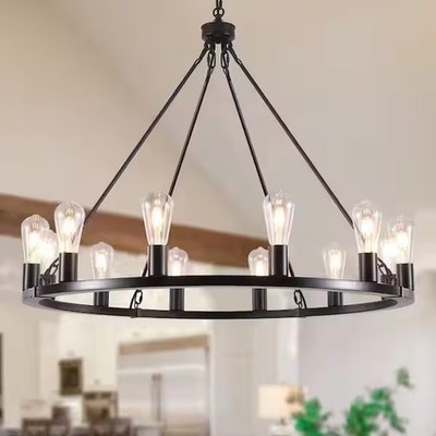 LWYTJO Loughlam 12-Light Black Farmhouse Candle Style Wagon Wheel Chandelier