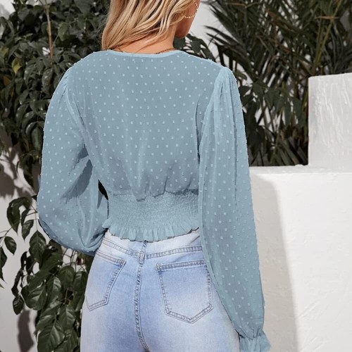 Women's Shirt Slim High Waist Sexy Deep Tunic V-neck Blouse Long Puff Sleeve - Bild 6 von 7