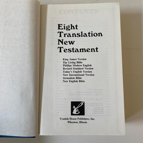Eight Translation New Testament Bible Tyndale Navy Hardcover KJV RSV NIV & More - Picture 12 of 19