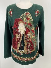 Vintage Tiara International Christmas Sweater Sz M Petite GUC Santa St Nick Tree