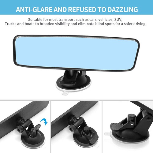 Car Interior Rearview Flat Mirror with Suction Cup Anti-glare Blue Universal Fit - Picture 6 of 20
