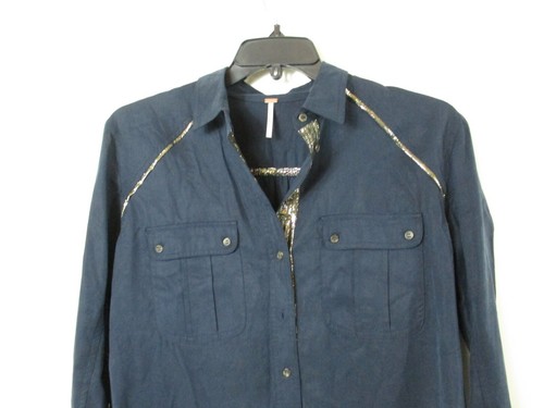 Camisa Free People Mujer Pequeña S Abotonada Azul Dorado Elastizada Manga Larga - Imagen 7 de 12