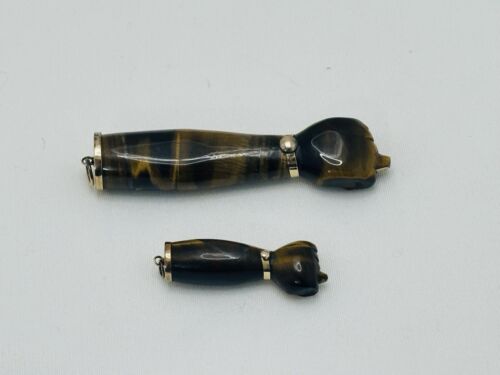 Vintage 14K Yellow Gold Tiger's Eye Carved Figa Fist Pendant 1 Small And 1 Big