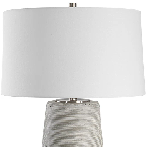 Modern Minimalist Gray Art Pottery Table Lamp 28 in Ceramic Carved Ribbed White - Picture 5 of 9