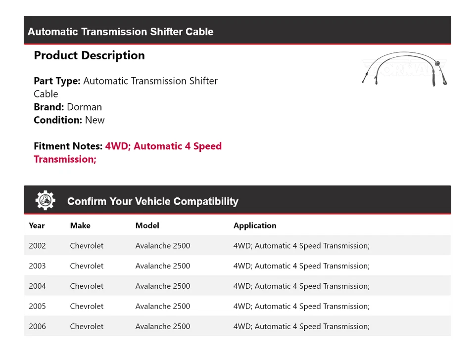 Cable de palanca de cambios Dorman AT 2003 2004 para Chevrolet Avalanche 2500 2002-2006 4x4 Foto 2 de 4