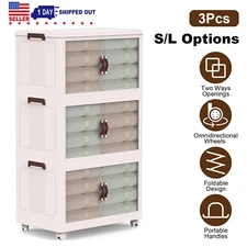 16GaL 3Pack Large Foldable Storage Drawer Stackable Storage Bins w/ Lids & Door