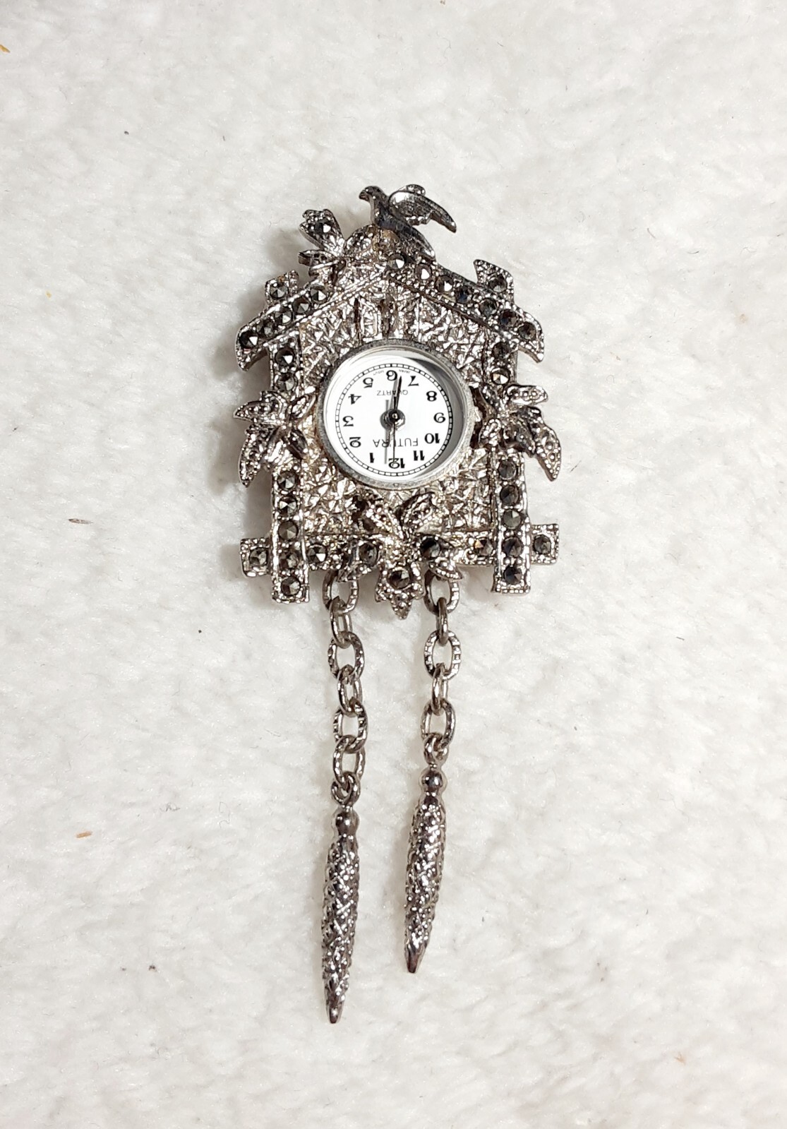 BEAUTIFUL Vintage Futura Silver Tone Marcasite Cuckoo Clock Watch