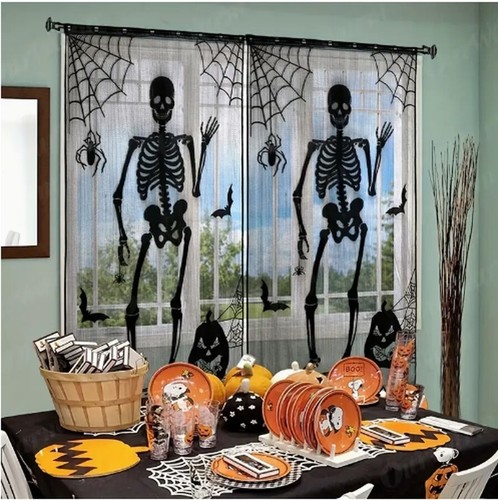 Victorian Trading Spooky Halloween Black Lace Skeleton 84x41 Curtain 23E - Picture 2 of 2