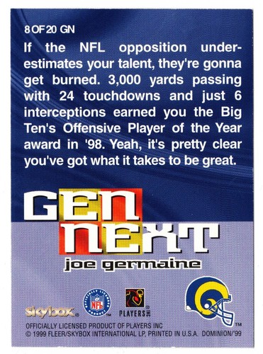 Joe Germaine 1999 Skybox Dominion Gen Next # 8 GN (como nuevo) St. Louis Rams - Imagen 2 de 2