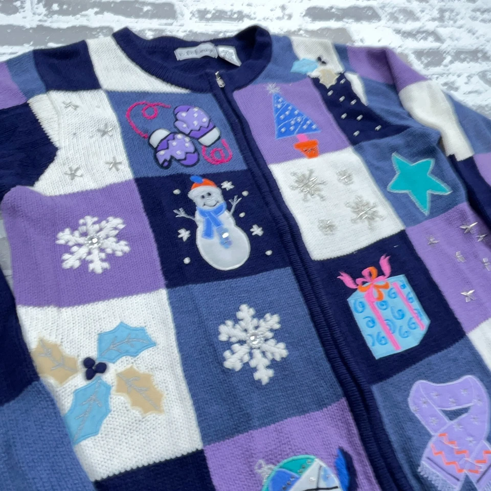 Suéter Vintage Navidad Mujer Pequeño Púrpura Cárdigan Cremallera Completa Invierno Muñeco de Nieve  Foto 4 de 4