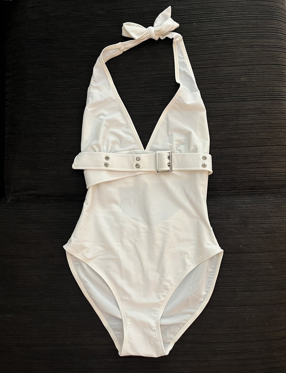New V-Neck Halter White Belted Open Back One-Piece Swimsuit