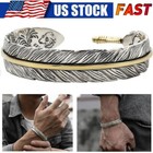 Women Retro Vintage Bracelet 925 Sterling Gold Silver Feather Cuff Bangle USA