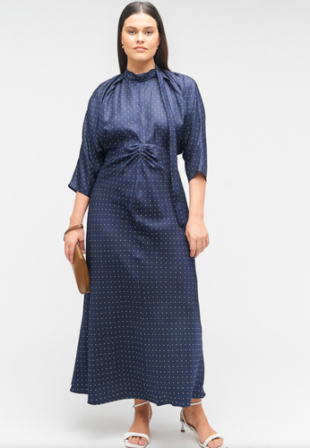 Oroton New Silk Dress Pindot Tie Neck Navy Blue Size AU/UK 14 - Picture 3 of 15