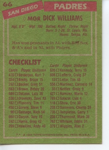 DICK WILLIAMS Autograph - Signed 1985 Topps baseball card - A's! Padres! HOF! - Picture 2 of 3