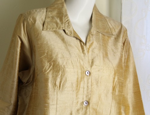 Lux New TravelSmith XL GOLD 100% Silk Dupioni Longer Shirt Jacket Tunic Blouse - Picture 5 of 9