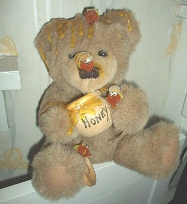 Honey Bear Plush 8'' With Bees And Honeypot Light Brown 9'' high.