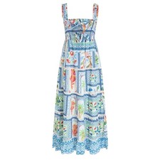 Farm Rio Tropical Tiles Cotton Square Neck Smocked Tiered A Line Maxi Dress
