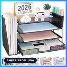 Desk Organizer, 4-Tier Desktop File Organizer with Drawer and Pen Holders, Offic