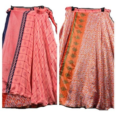 Darn Good Yarn Sari Silk Wrap Skirt Reversible Maxi Ankle Coral Size 4-12 P119