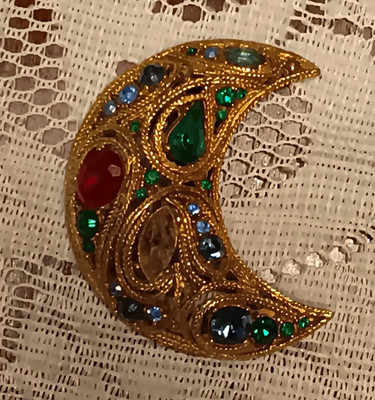 Gold Tone Crescent Moon Brooch Pin Multicolor Rhinestones Celestial Prong Set