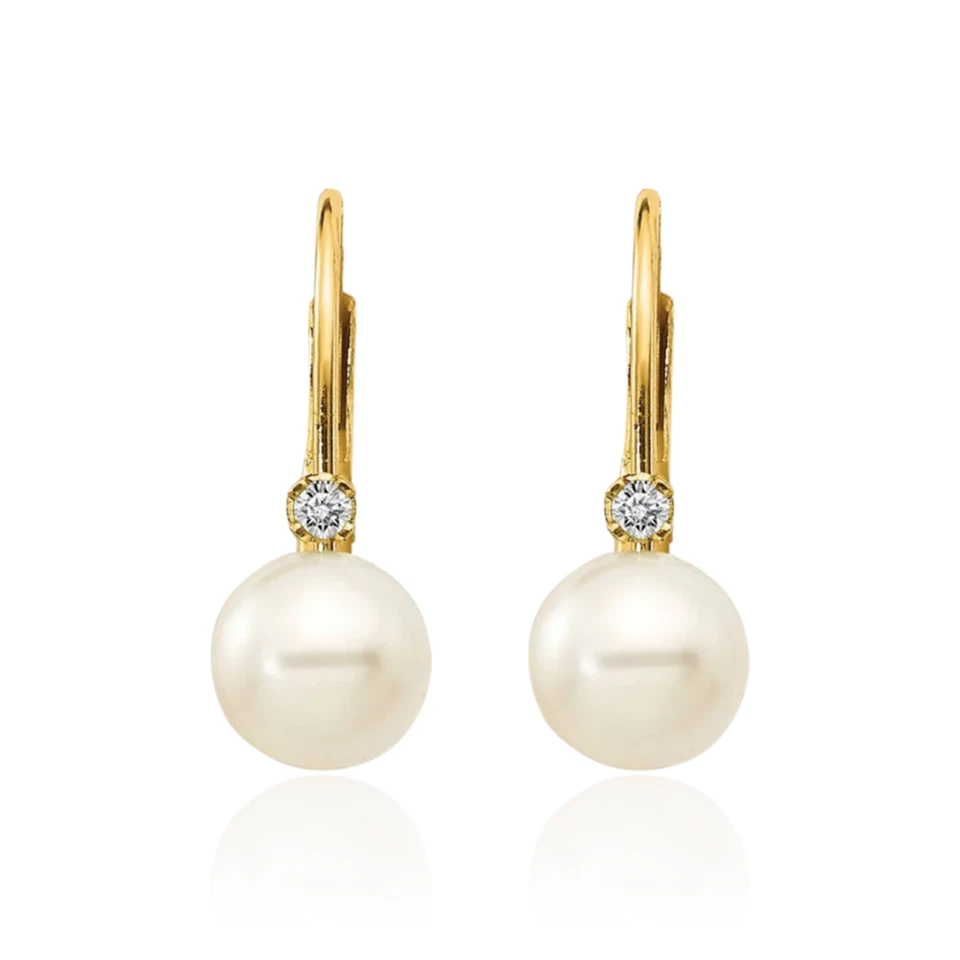 14K Solid Yellow Gold 5mm White Round Freshwater Cultured Pearl Diamond Dangl... - Image 2 of 4