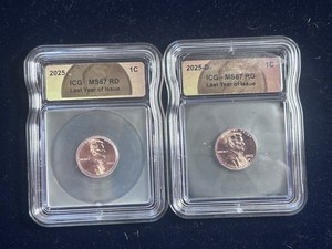 Lot of 2 coins, 2025 & 2025-D Lincoln Shield 1C ICG MS67 RD Last Year of Issue