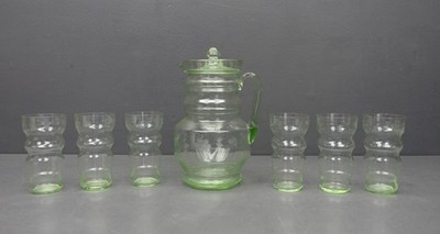 Vaseline Uranium Glass 7pc Vtg Green Serving Drink Set 1-Pitcher-Lid/6-Glasses