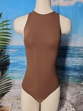 Freehut Women's Sexy Sleeveless Thong High Neck Bodysuit Chicolate Size Small