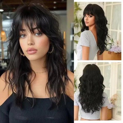 Human Hair Blend New Fashion Beautiful For Women's Long Black Curly Wigs 24In