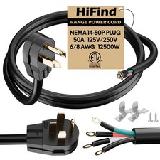 4-Prong 50 Amp Range Power Cord 10 Ft, NEMA 14-50P to 4-Color Wire with Eyele...